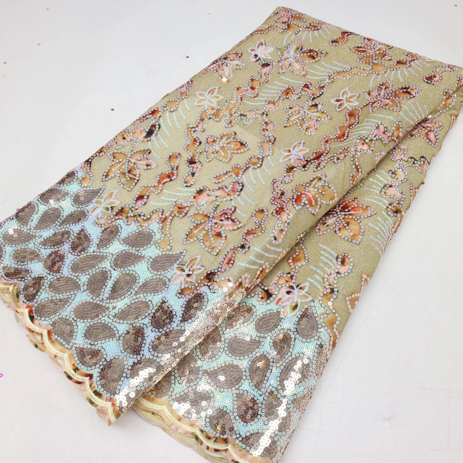 Hochwertiger beflockter Spitzenstoff mit Pailletten für Damen, afrikanische Spitze, 5 Yards, eleganter Druck, Samt-Spitzenstoff für Hochzeitskleid