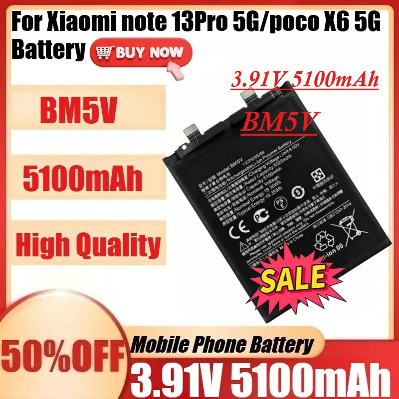 

BM5V For REDMI NOTE 13 Pro/Poco X6 5G/for REDMI NOTE 13 PRO 5G Batteries + Tools New BM5V 3.91V 5100mAh Battery