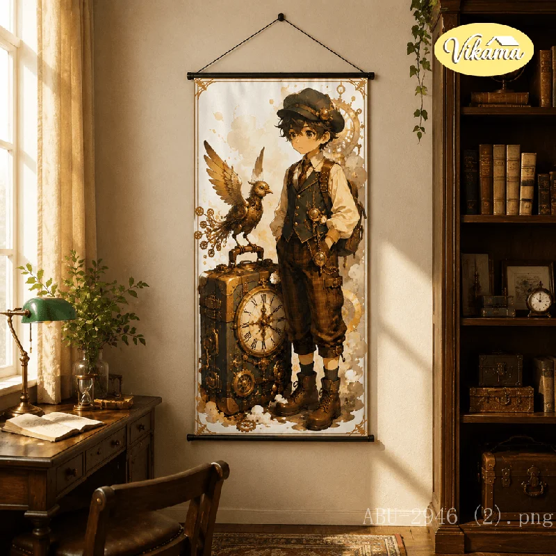 VIKAMA Countryside Anime Tapestry Wall Hanging Sunflower Steampunk Gear Fountain Girl Wall Art for Bedroom Home Decor Dorm