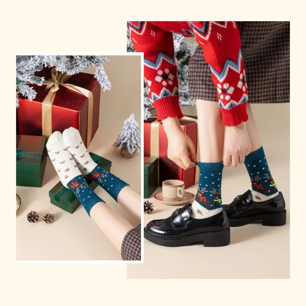 남녀공용 산타 클로스 크리스마스 양말, 코튼 니트 노벨티 산타 스타킹, 두께 크리스마스 선물 양모 양말, 5 켤레 패션