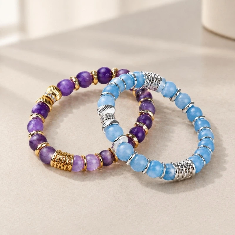 195C Natural Stone Stretch Bracelet Set, 2 Round Bead Bracelets with Mixed-Tone Spacers for Stacked or Separate Wear