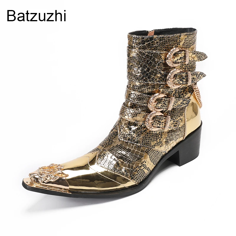 Batzuzhi Gold Fashion Men's Boots Shoes Pointed Iron Toe Genuine Leather Ankle Boots for Men 6.5cm Heels Buckles with Chians!