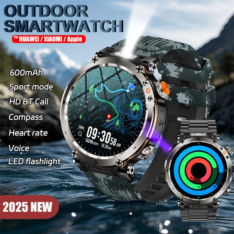 

20255ATM Waterproof Smart Watch Men 600mAh Outdoor SmartWatch Compass Heart rate LED Flashlight Bluetooth Call Sports watch