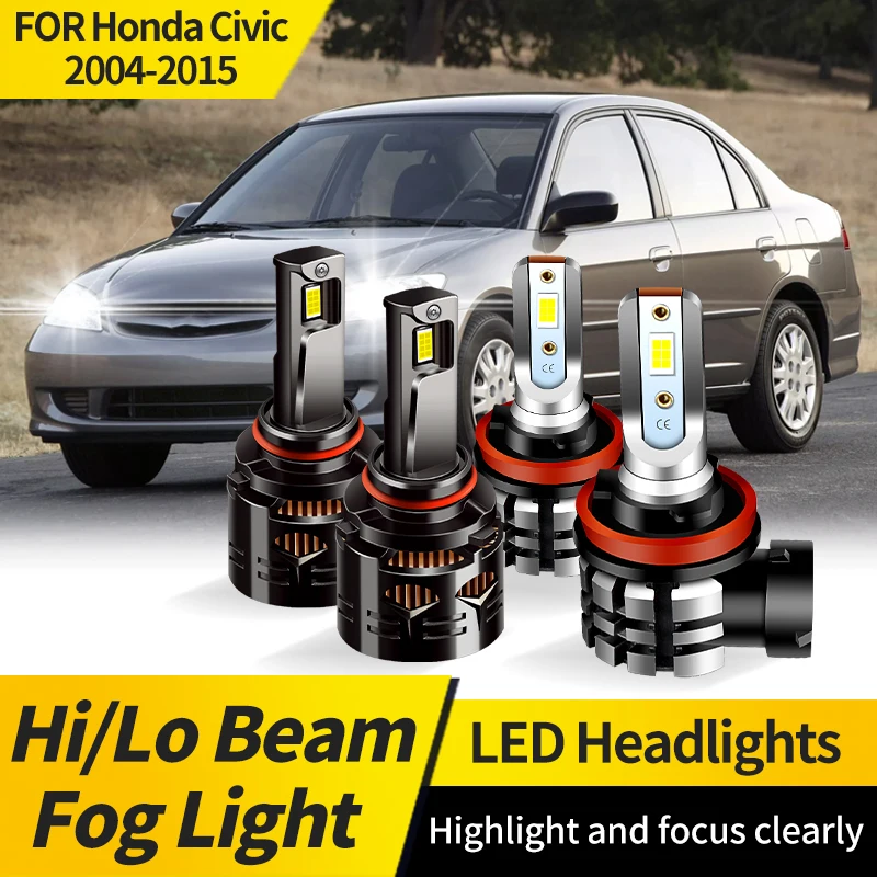 

2PCS 9005 LED Headlight Lamp HB3 For Honda Civic 2004 2005-2015 9006 HB4 High/Low Beam Bulbs H11 Front Fog Light 6000K White