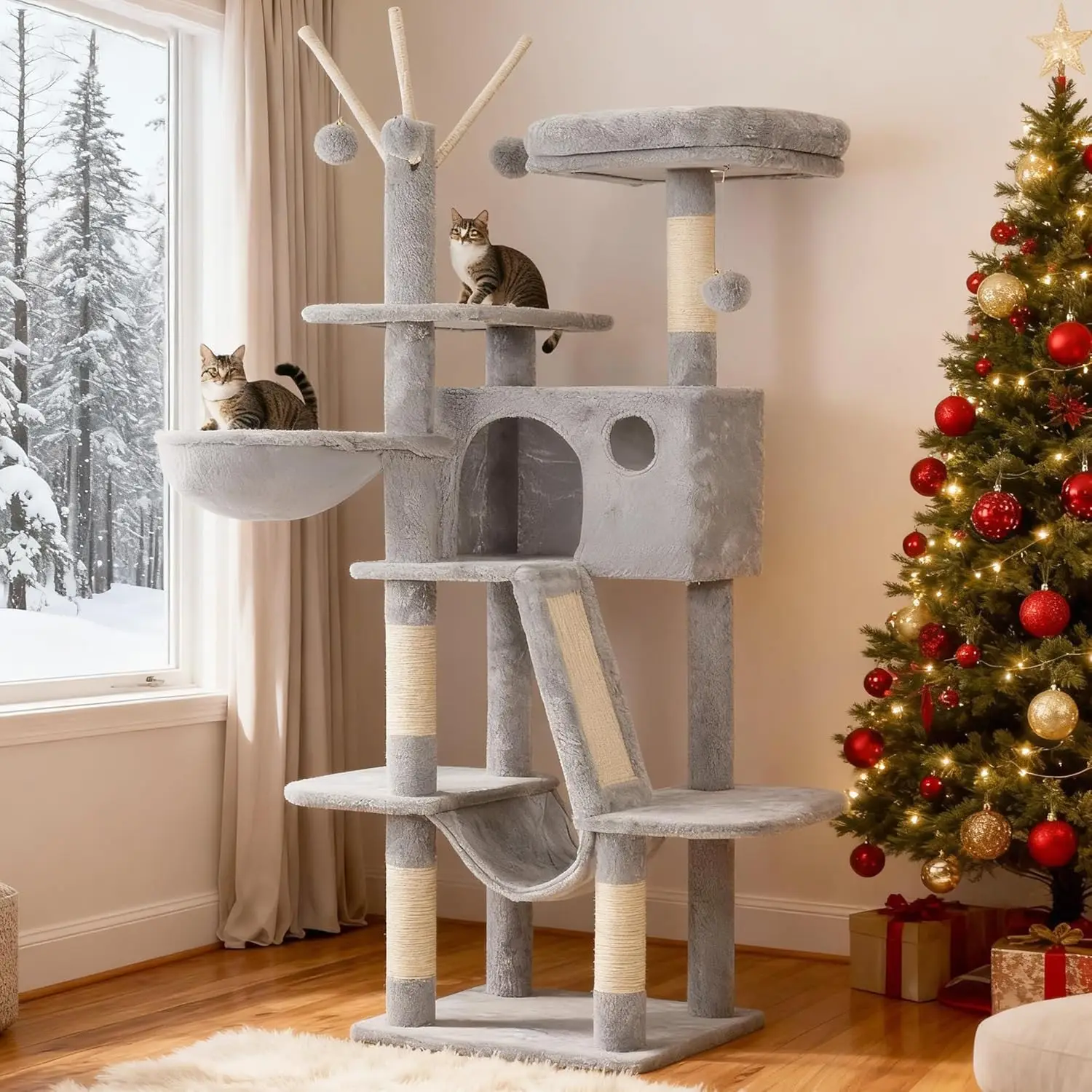 

Cat Tree, 53 inch Cat Tower for Indoor Cats, Cat House with Padded Platform Bed, Toy Balls, Large Cozy Condo, Hammoc