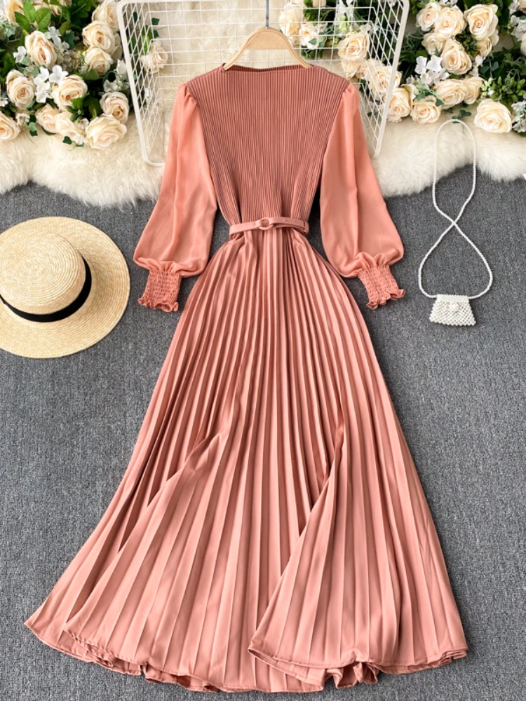 Autumn Fashion Streetwear Long Dress Design French Pleated Maxi Dress Women Elegant O Neck Long Sleeve A-line Dress