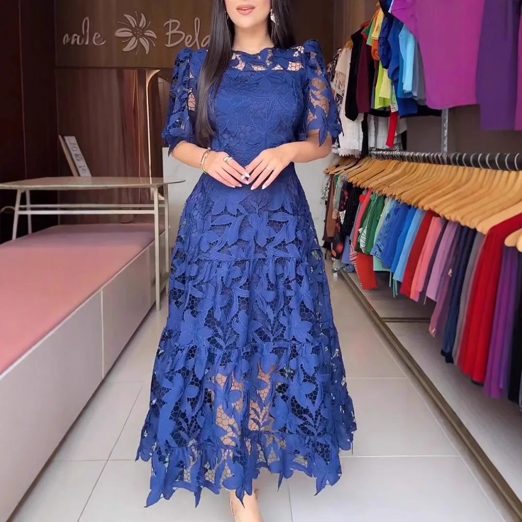

2025 Summer New Lace Hollow Round Neck Long Waist Dress Europe and America