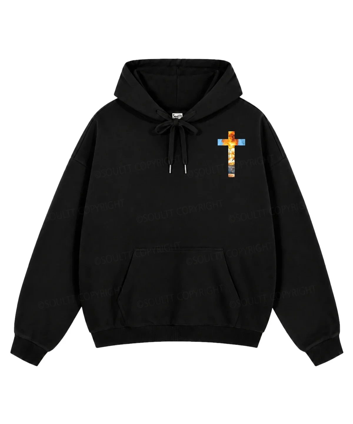 Front Small Explosion Cross Art Print Adjustable Hood Retro Religious Hoodie Pullover For Men Women Loose Casual Sweatshirt Tops
