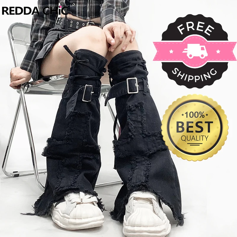 REDDACHiC Cross Raw Edge Women Leg Warmers Black Gaiter Lolita Gothic Beenwarmers Denim Boots Cover Knee Long Socks Y2k Clothes