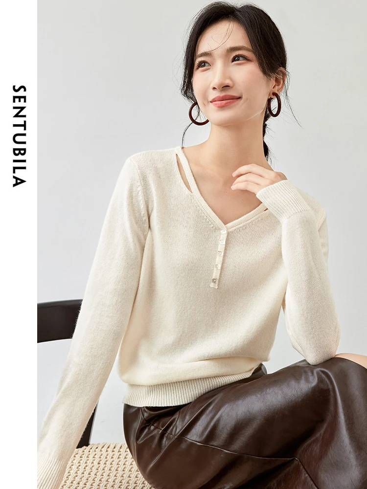 

SENTUBILA White Wool Knit Pullovers for Women 2024 Autumn Casual Loose Hollow Out V Neck Comfort Simple Women Sweater W43H56129