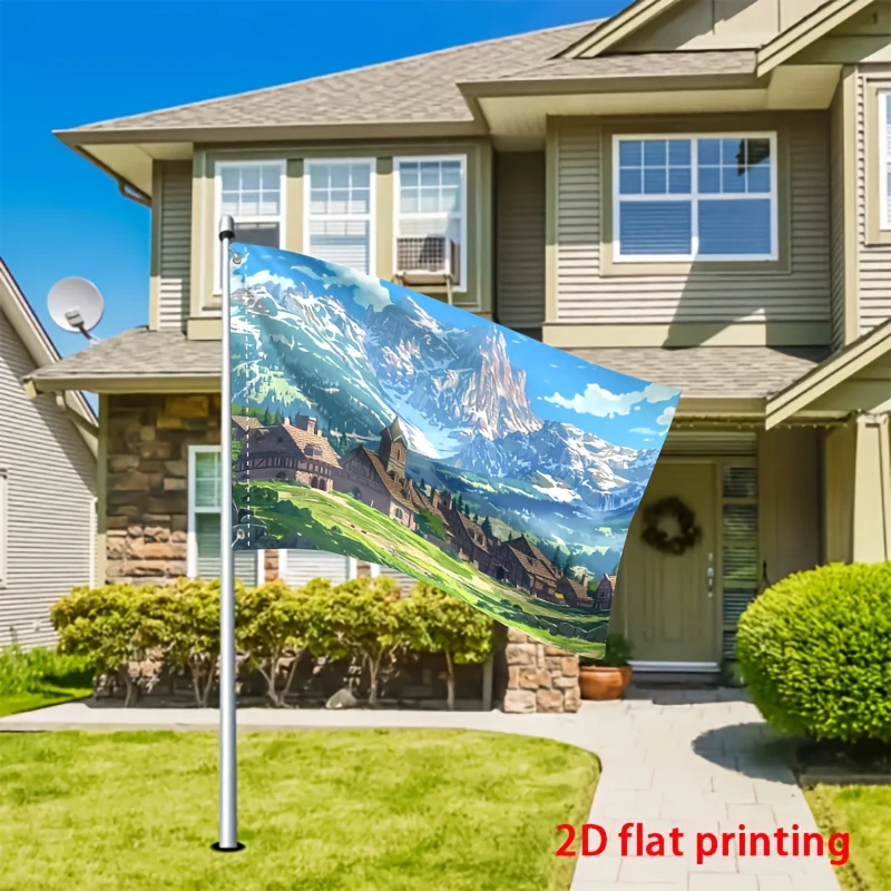 a Garden Flag Depicting a Snow-Covered Village Set in a Mountainous Backdrop Ideal for Decorating