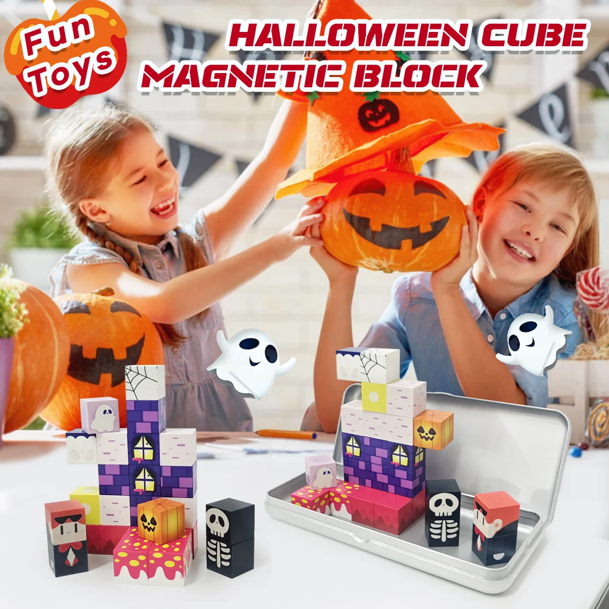 Set di blocchi magnetici con scatola di ferro da 27 pezzi, piastrelle magnetiche, giocattolo di blocchi di puzzle per bambini, set di blocchi di costruzione educativi prescolari