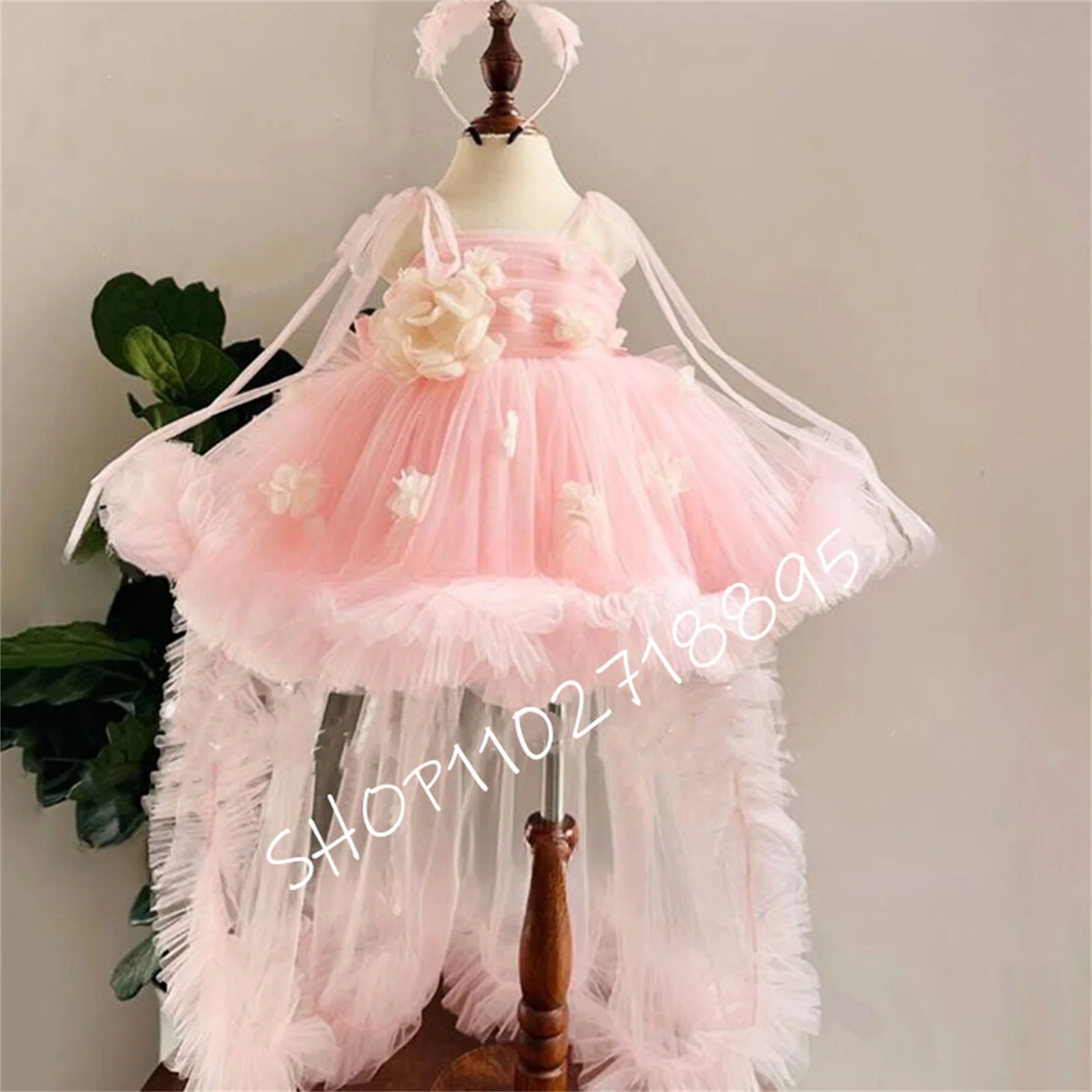 Princess 3d Applique Flower Girl Dresses Tulle For Wedding Birthday Party Outfit Toddler Ball Gown Christmas Beauty Pageant Wear