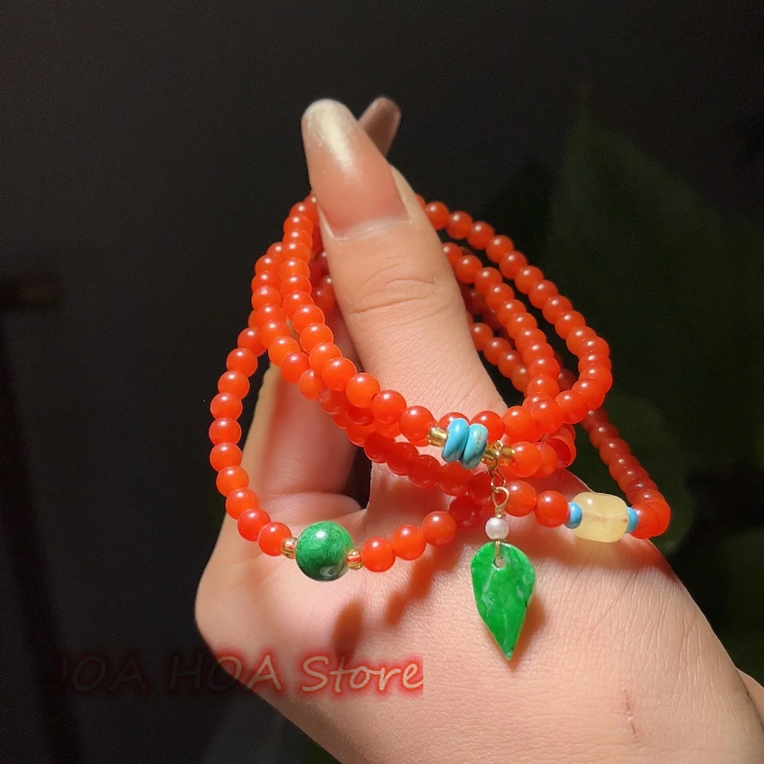 Round Bead Bracelet Necklace With Four Circles Hand String Natural Warring State Agate Bangle Chain Dry Verdant Jade DIY Jewelry