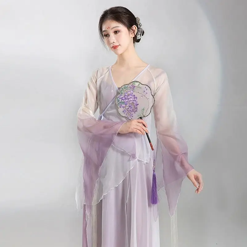 Chinese style folk dance classical dancer performance costumes elegant cardigan practice clothes body rhyme long outer gauze