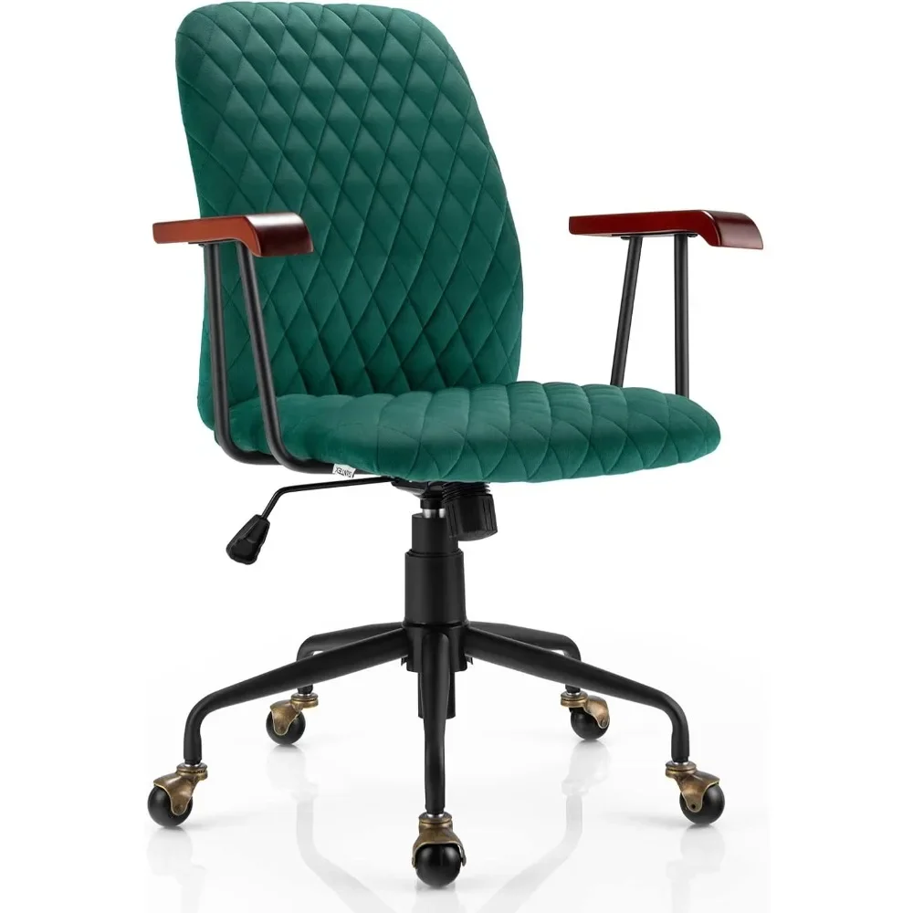 Home Office Desk Chair Green, Vintage Adjustable Swivel Rolling Chair with Copper Wheels & Armrest, Mid Century Leisure Chair