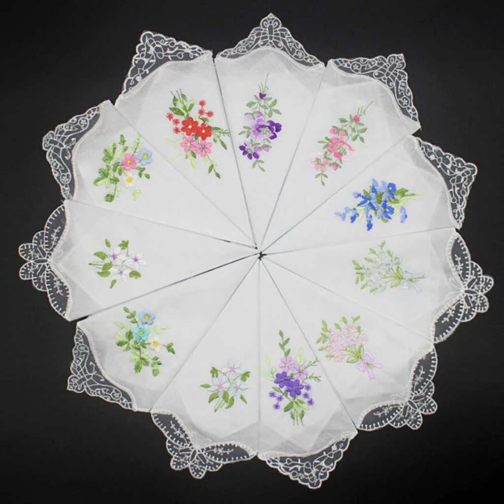 Elegant Womens Lace Cotton Handkerchief Floral Embroidered Hanky Soft Square for Everyday Use Gift