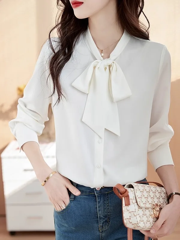 

Белая шелковая шифоновая блузка Ele для женщин с завязками в корейском стиле, свободного кроя, с длинными рукавами, V-образным вырезом, для делового и повседневного стиля.