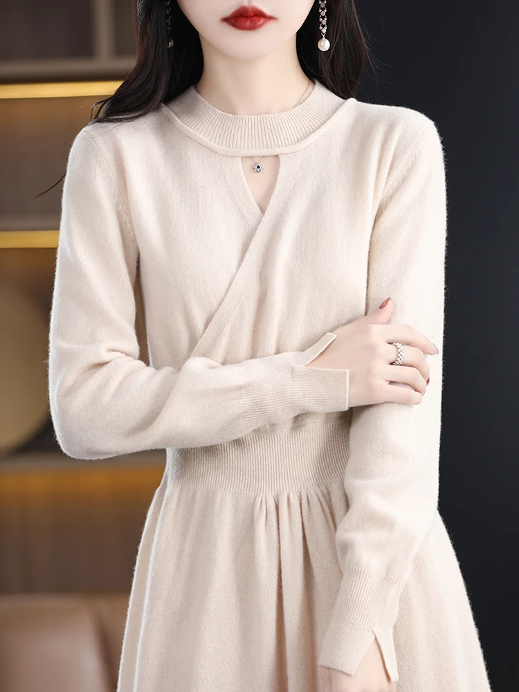 2024 New Autumn Winter Women Cashmere Sweater 100% Merino Wool Knitwear Pullover Slim Wais Dress O-Neck Long Fashion