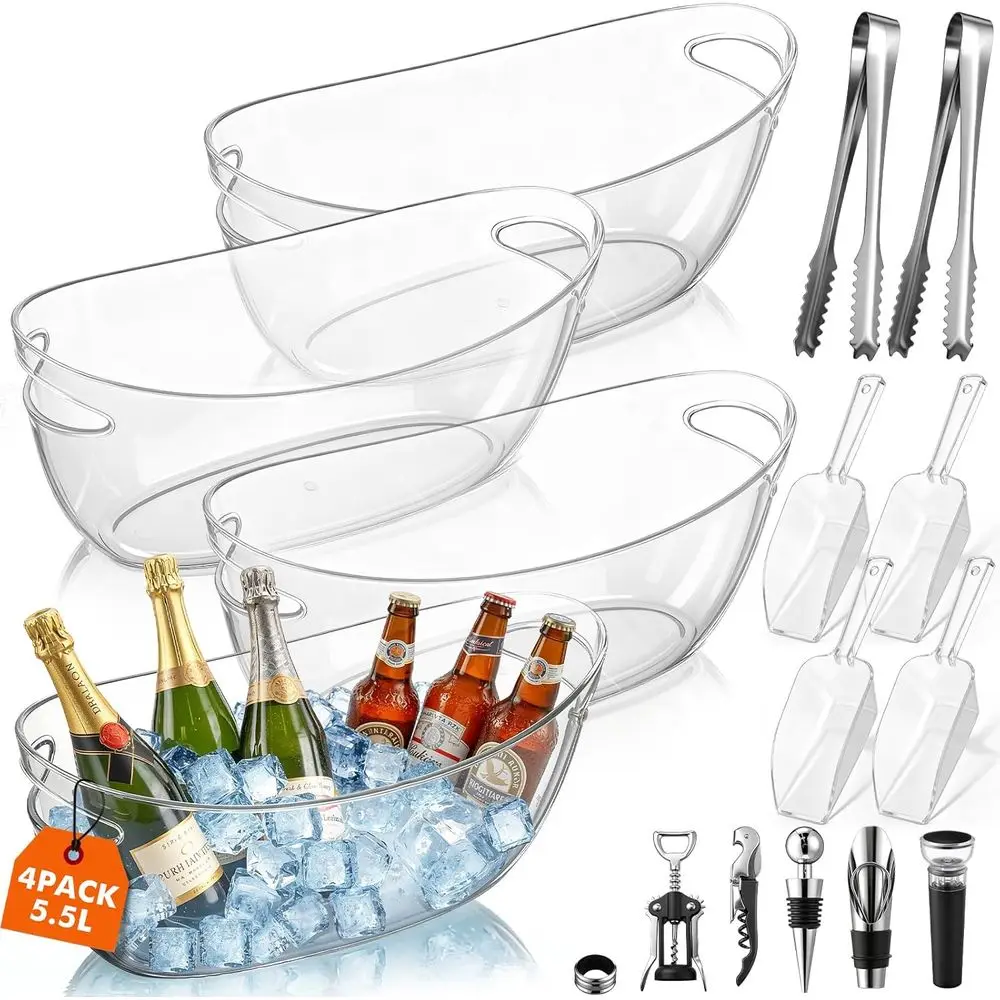 

4 ведра для льда или вечеринок, большие прозрачные ванночки для напитков объемом 5,5 л с лопатками, щипцами, открывалкой для вина, вакуумными пробками для вина и барными аксессуарами