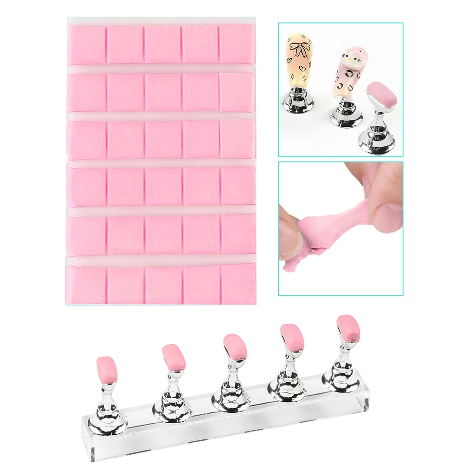 Nuevo set de 30 pzas de pegamento adhesivo para uñas, rosa y verde, reutilizable, para usar con soporte de práctica, herramientas de manicura 5
