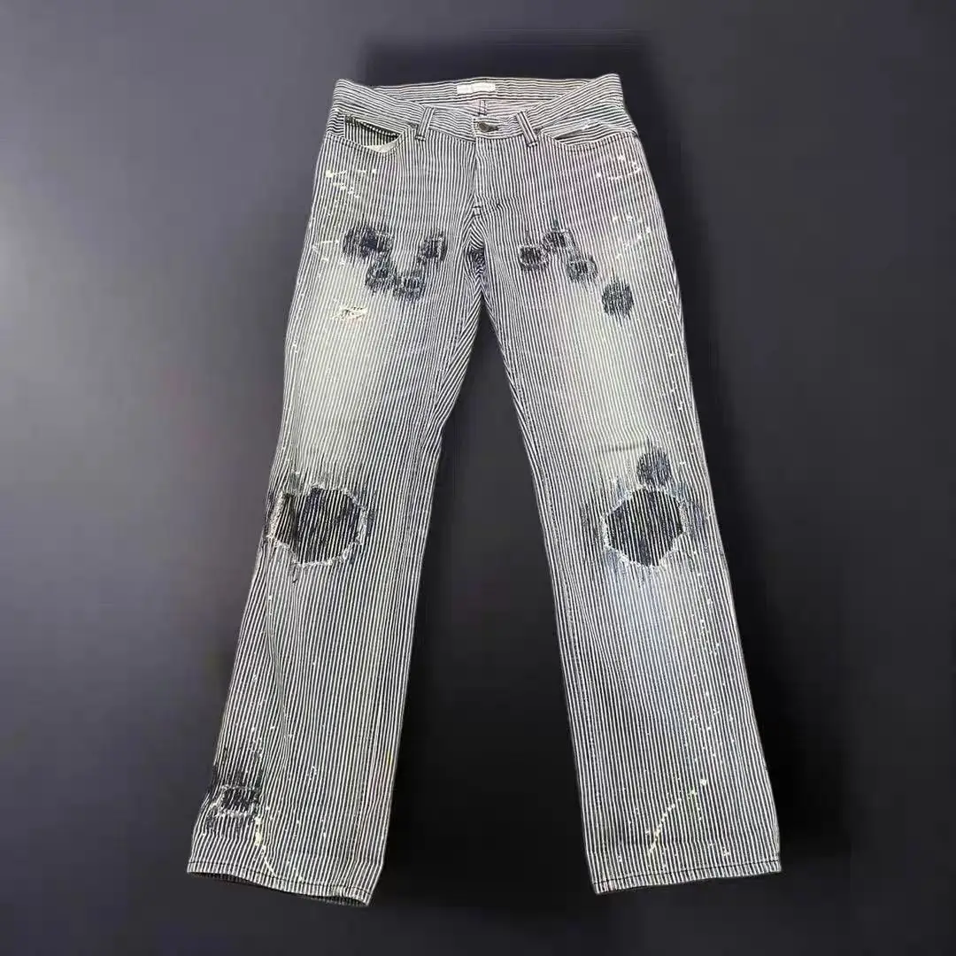 High New Classical Vintage Number Nine Striped Old Washing Jeans Cotton Denim Pants Comfort Casual Jeans Size 1 2 3 4 #331