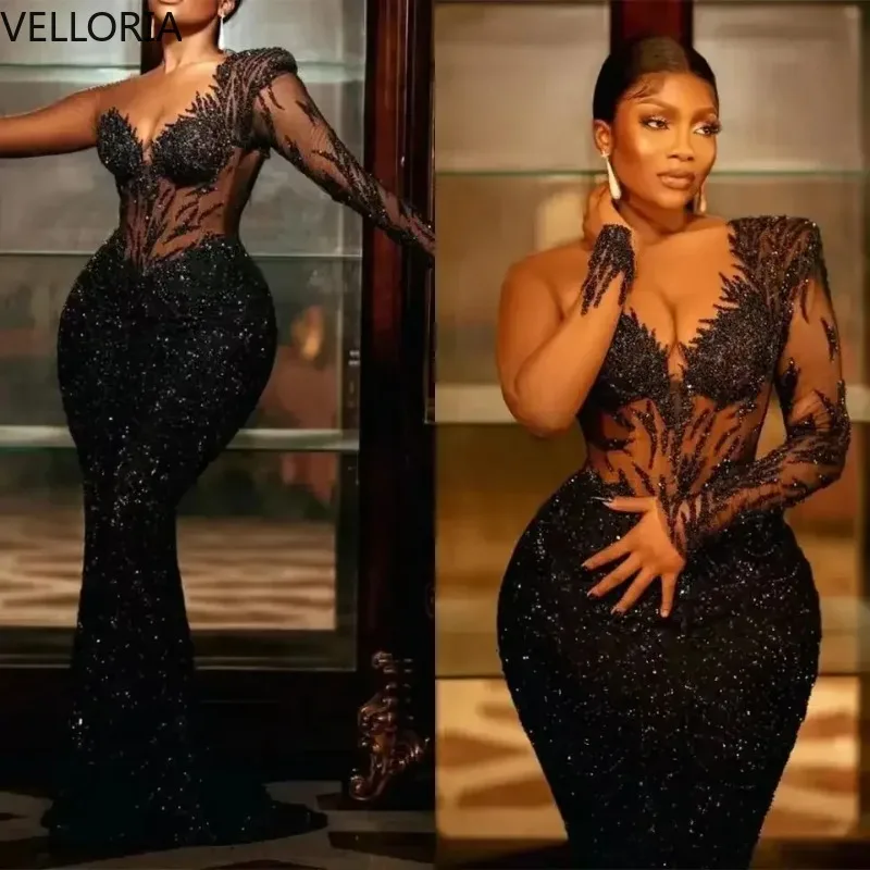 

Black Sequins Beaded Deep V Bodycon Midi Dresse Long Lace Sleeves Party Dress Women Sexy Formal Evening Gown Vestidos Customized