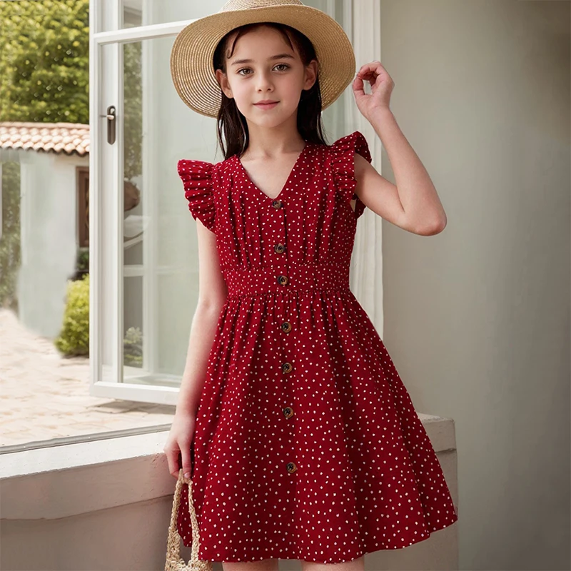 Robe d'été rouge pour filles de 4 à 12 ans, sans manches, manches volantes, à pois, col en v, taille, tempérament Simple, mode, Style quotidien