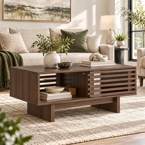 39.4" Mid-Century Modern Coffee Table With Sliding Slatted Door, Open Storage, Walnut Wood Grain Finish, 60 LB Capacity, Living Room Table