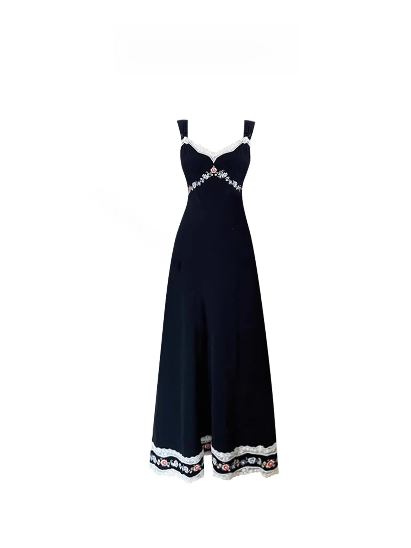

HEZA Retro Embroidered Strap Dr Women's Summer High Waist Vaion Gown French Sle A-Line Long Dr V-Ne Svel