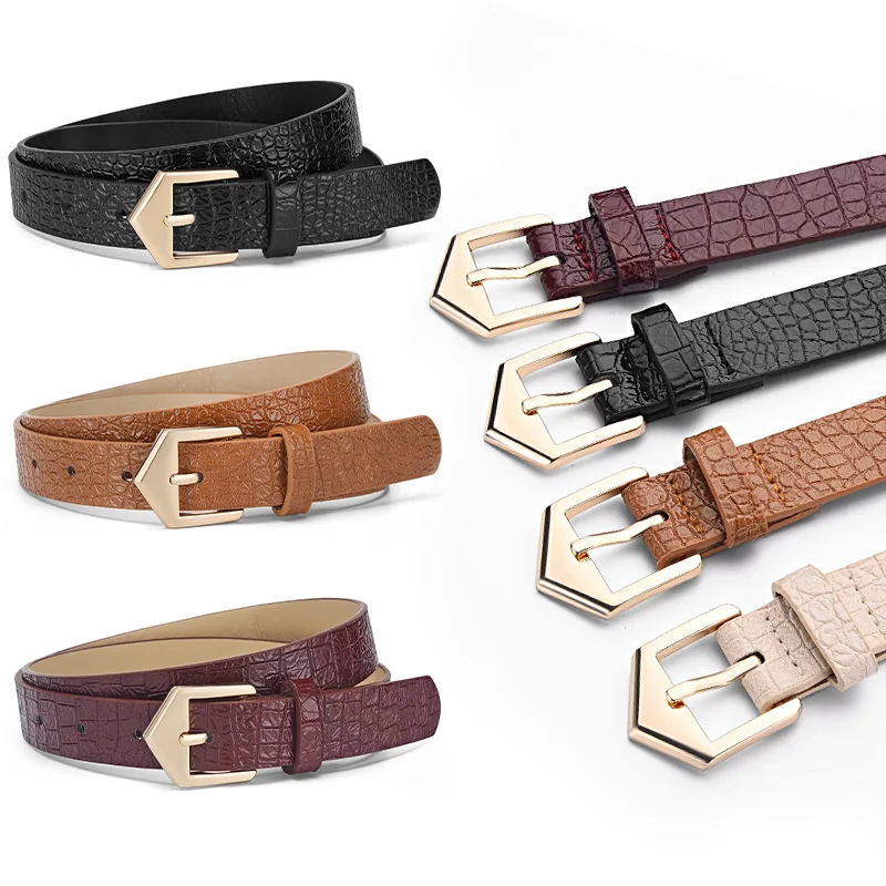 Fashionable Minimalist Women’s Belt with Crocodile-Patterned Pin Buckle Simple Leather Belt for Jeans in Minimalist Style