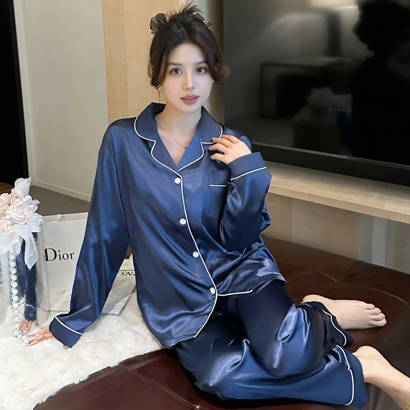 Korean Ins Style Solid Simulated Silk Pajamas for Women 2024 New Two Piece Set Housewear Spring Autumn Fashion Casual Sleepwear