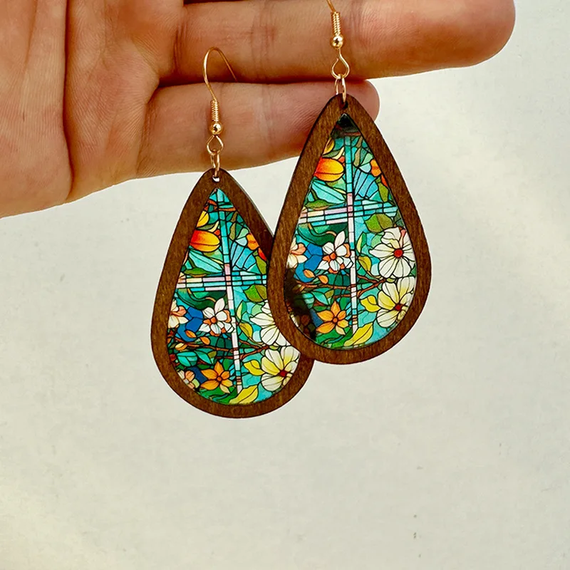 Mosaic Stained Glass Earrings Women 2024 New Kaleidoscope Wood Acrylic Colorful Statement Earrings Wholesale