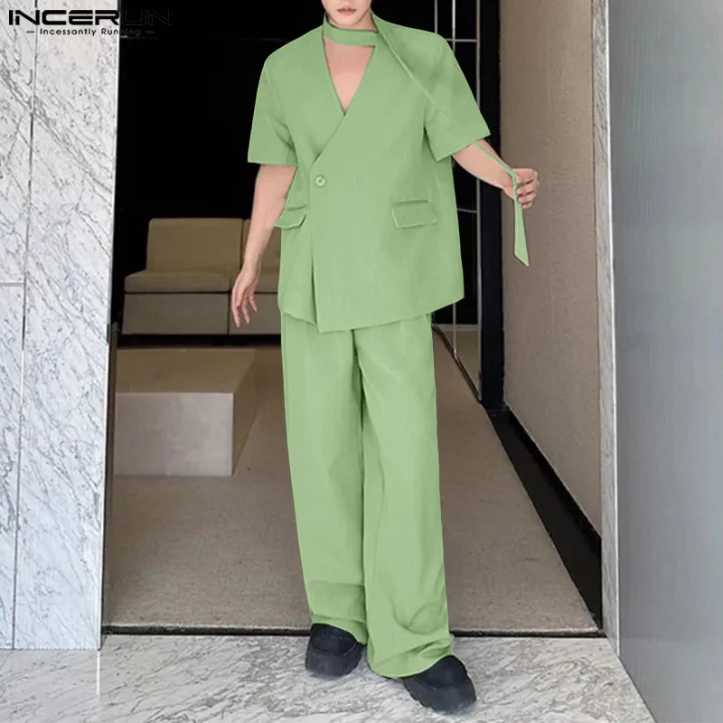 

Men Sets Solid Color Short Sleeve V Neck Blazer & Pants Two Pieces Sets Loose Streetwear 2025 Fashion Men Casual Suits INCERUN