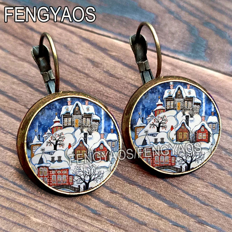 Beautiful House Earrings Vintage Bronze Cabin French Hook Water Drop Dangle Earrings Glass Cabochon