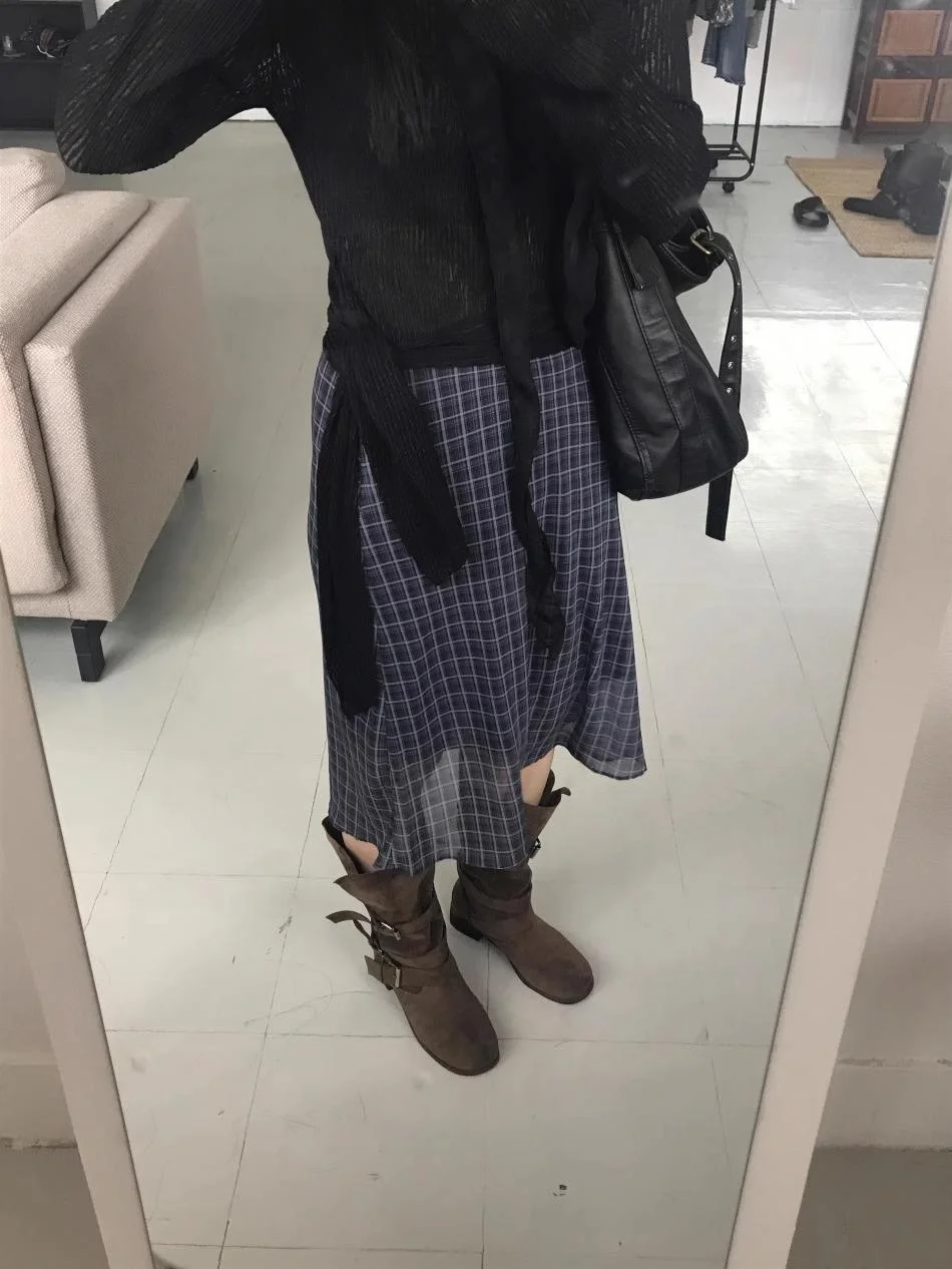 

Retro Plaid Mid-Length Elastic Waist Skirt Individual Design Knot High Waist A-Line Commuter Sle Women's Skirt
