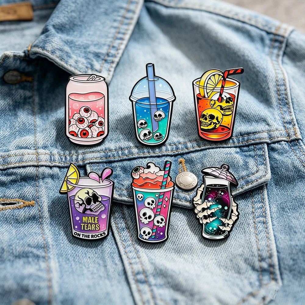 10pcs Novelty Gothic Skull Drinks Metal Enamel Pins Set, Spooky Skeleton Beverage & Postage Stamp Theme Brooches for Men & Women