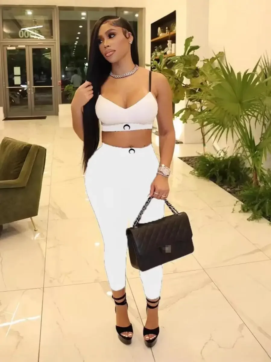 

Fitness Tracksuits Women's 2 Piece Set Crop Vest Skinny Pant Retro High Street Summer Sexy Club Street White