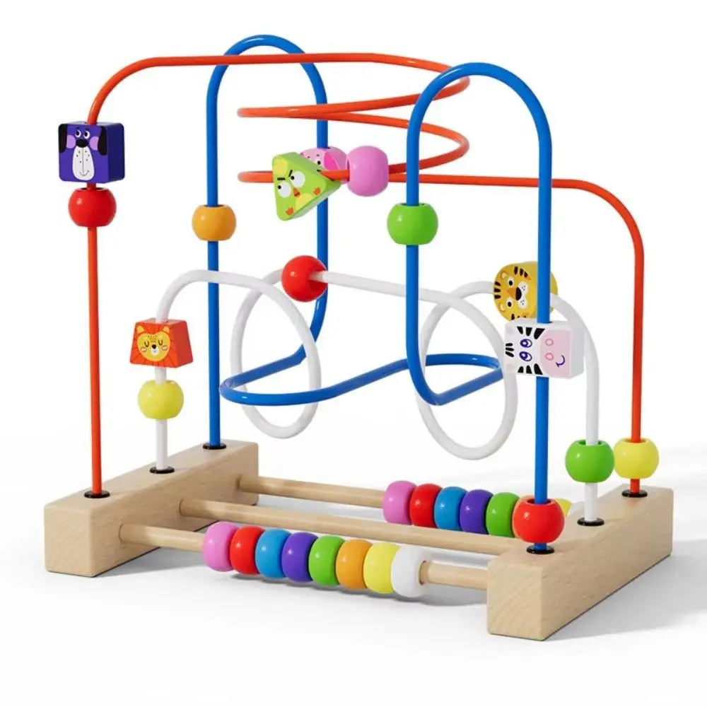 Labirynt z drewnianych koralików Montessori, trening intelektualny, koordynacja ręka-mózg, nawlekanie koralików, klocki konstrukcyjne, wzory zwierzęce.