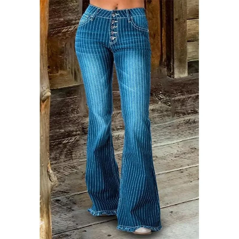 

Women's Mid-Waist Striped Flared Jeans Casual Straight Leg Blue Denim Trousers Mid-Rise Fashionable Ladies' Jeans