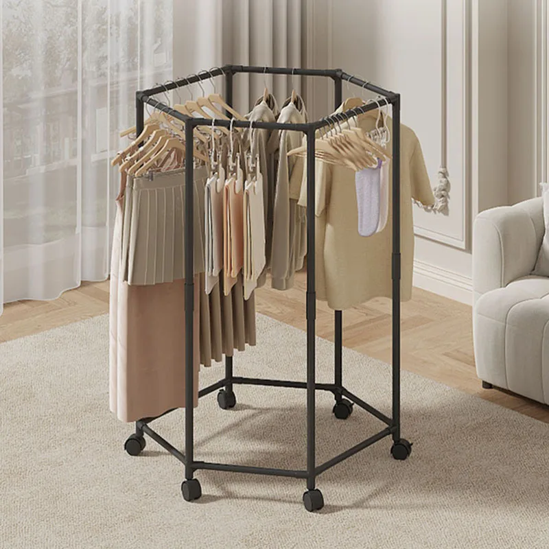 Hexagonal 360 Rotatable Rolling Garment Rack Movable Clothes Hanger with Wheels for Bedroom Dorm Home Closet Organizer Decor