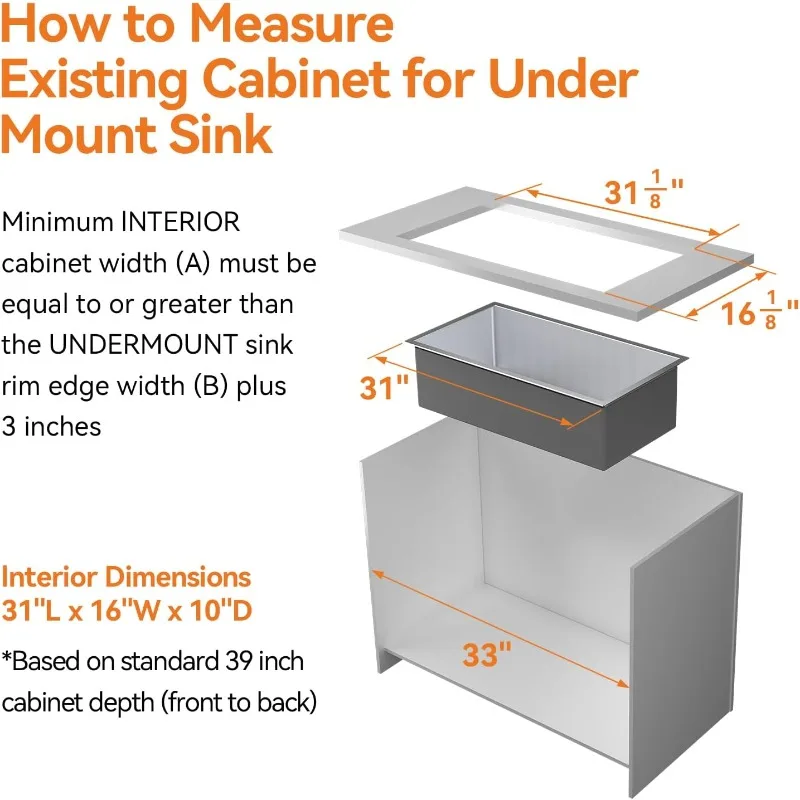 32 Inch Stainless Steel Undermount Kitchen Sink, TECASA Large Stainless Steel Utility Sink - Single Bowl Kitchen Sink