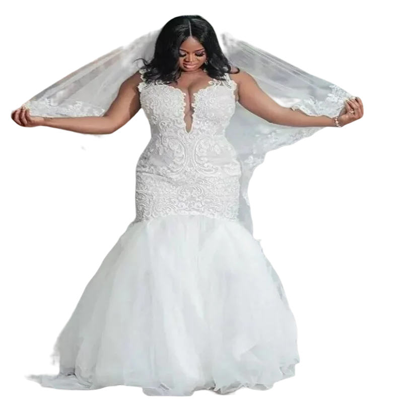 Customized Fabulous Lace Appliques Mermaid Wedding Dresses Court Train Plus Size Backless Tulle AfricanSexy Bride Gowns