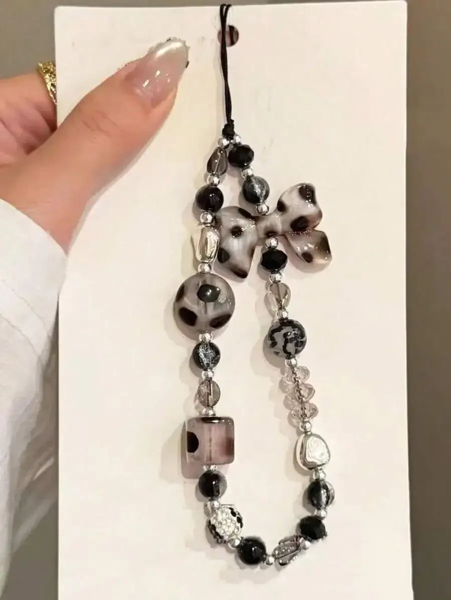 

1pc Leopard Print Bow Decor Phone Lanyard, Handmade Beaded Phone Pendant, Phone Strap, CD/Camera Anti-Lost Chain, Bag Charm, Key