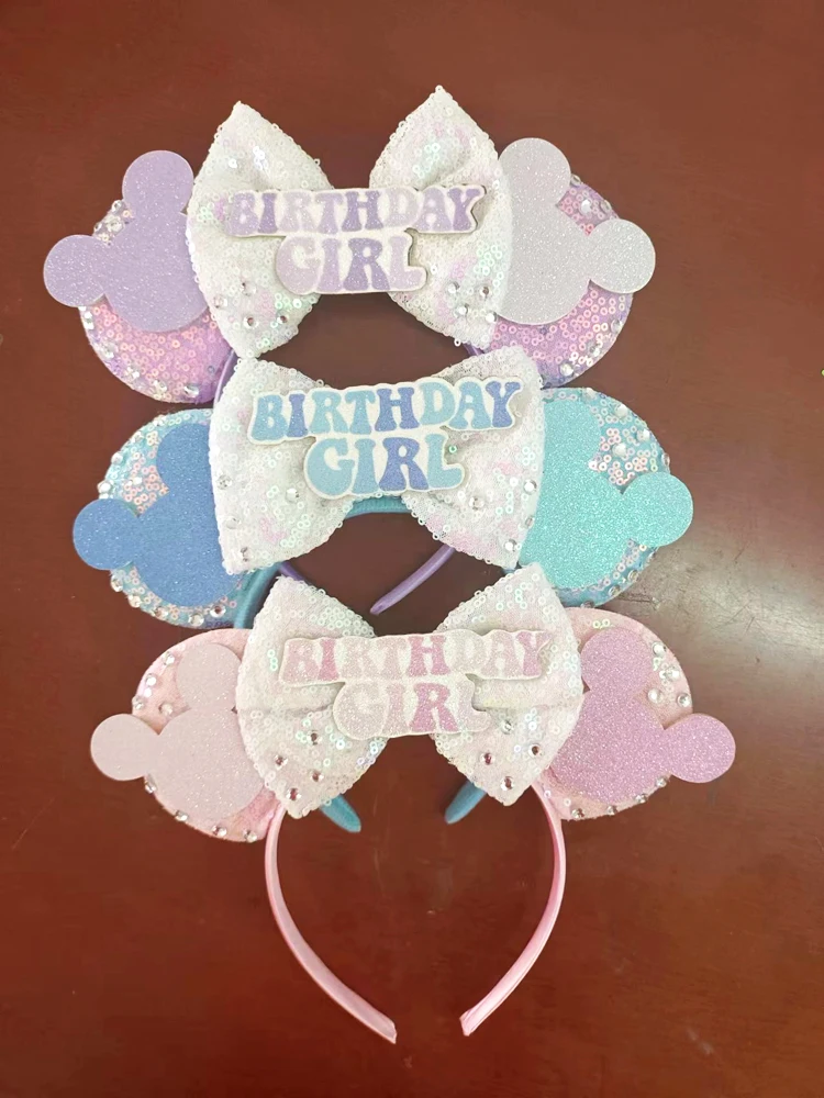 2024 Mickey Mouse Ears Headband Women Sequin Birthday Girl Bow Minnie Hair Bands For DIY Disneyland Hair Accessories Kid Gift