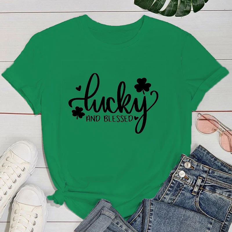 (Premium T-shirt)Cute St. Patrick'S Day Lucky And Blessed Print T Shirts For Women&Girls Casual Round Neck Tees Top Summer T