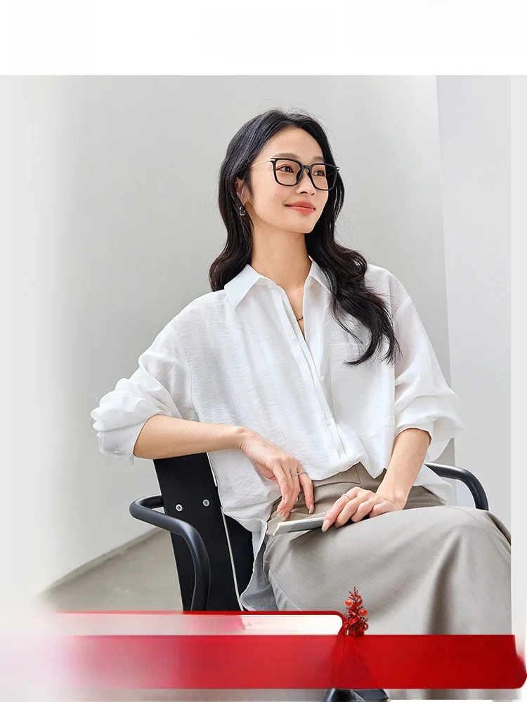 

Ele White Long Sve Women's irt Faionable Agel Chic Sle Casual Button up Mid-Length Pure Color Vimly Fene