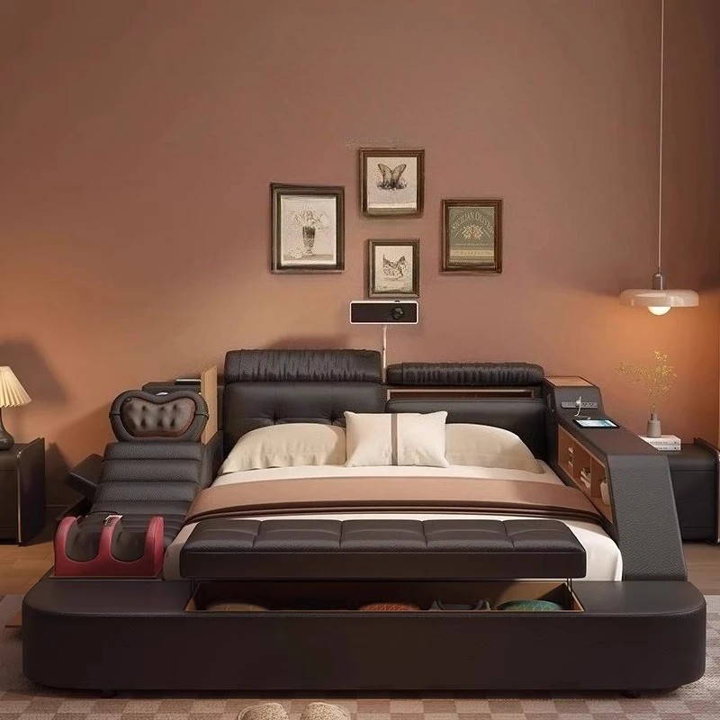 

Deluxe With Storage Box Speaker Massage Equipped With Projector Leather Bed Queen Size Bed Frame Bedroom Furniture Beds 2.4 2.1m