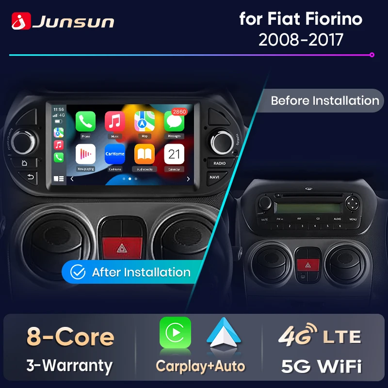 Junsun 7 Wireless CarPlay Android Auto Autoradio per Fiat Fiorino 2008 2009 2010-2017 GPS Stereo Multimediale WiFi 4G 8core RDS