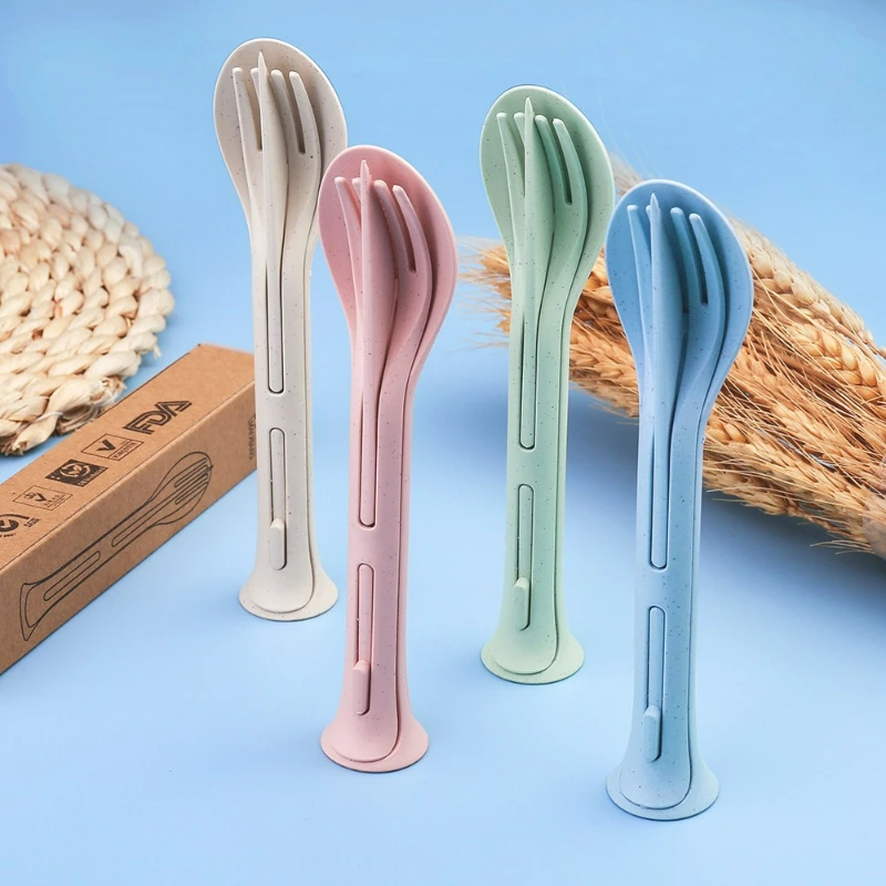 10 Pcs 3-IN-1 Environmentally Friendly Non-toxic Wheat Straw Knife Fork Spoon Set of Tableware Can Be Used Multiple Times